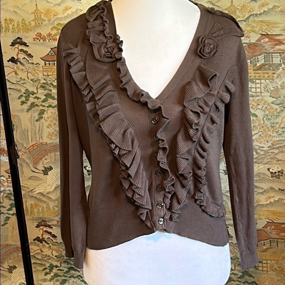 ANTHROPOLOGIE GUINEVERE BROWN BUTTON UP SCALLOPED SWEATER SIZE L